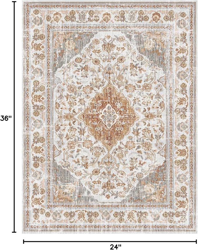 Vhong Boho Area Rugs Washable Vintage Modern Neutral Small Carpet Brown and Grey 2×3 Doormat High Traffic Rugs for Bathroom Kitchen Entryway Non Slip