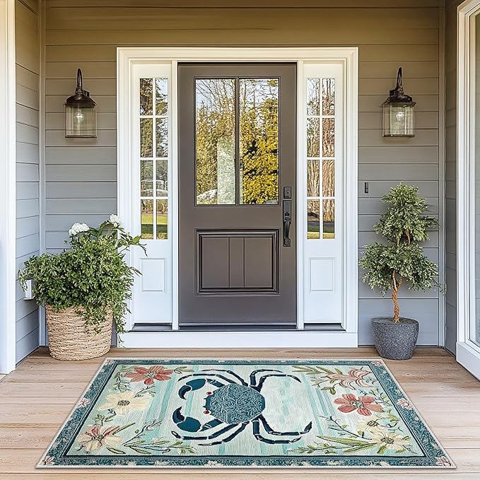 3x5 Crab Area Rugs Boho Teal Rug for Bathroom Kitchen Entryway Indoor Soft Non-Slip Thin Hippie Carpet Small Floral Doormat for Office Dining Room Home Decor Under Table Washable Machine