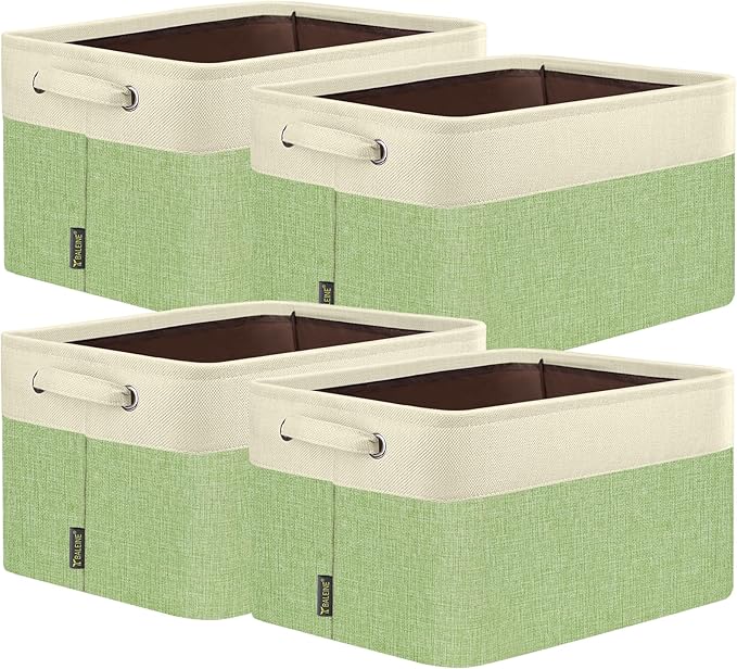 BALEINE 4 Pack Fabric Storage Bins for Shelves, Linen Storage Baskets for Organizing, Decorative Closet Bins for Clothes, Home (Green, 17''x13''x10.5'')