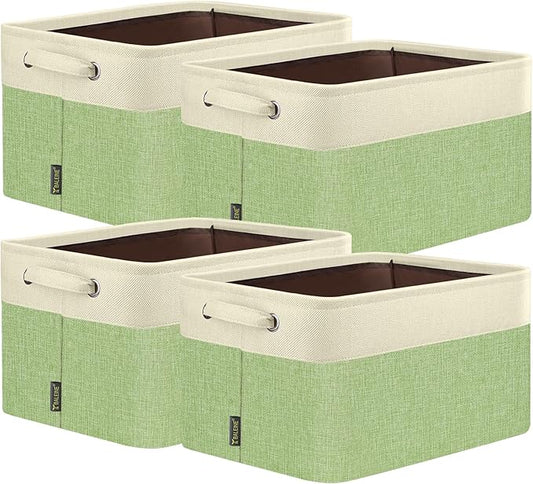 BALEINE 4 Pack Fabric Storage Bins for Shelves, Linen Storage Baskets for Organizing, Decorative Closet Bins for Clothes, Home (Green, 17''x13''x10.5'')