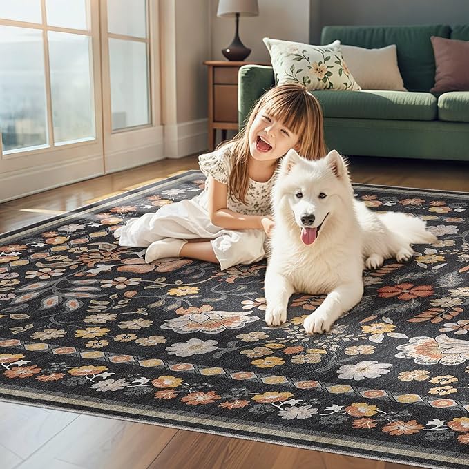 4x6 Area Rug Living Room Rugs - Washable Boho Vintage Floral Large Soft Non Slip Thin Rug Low Pile Carpet for Bedroom Dining Room Kids Playroom Office Decor Indoor- Black Grey
