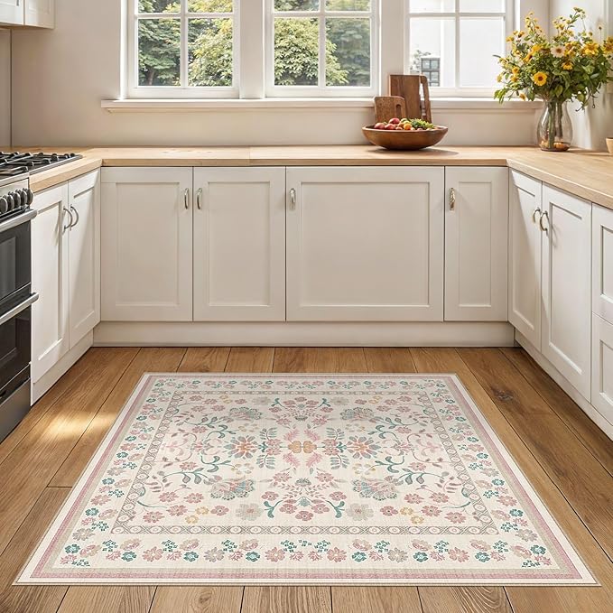 Square Area Rugs : Washable 4x4 Floral Carpet for Living Room Bedroom - Soft Floor Mat with Non Slip Backing for Kitchen Nursery Dorms Farmhouse Home Decor - Pink