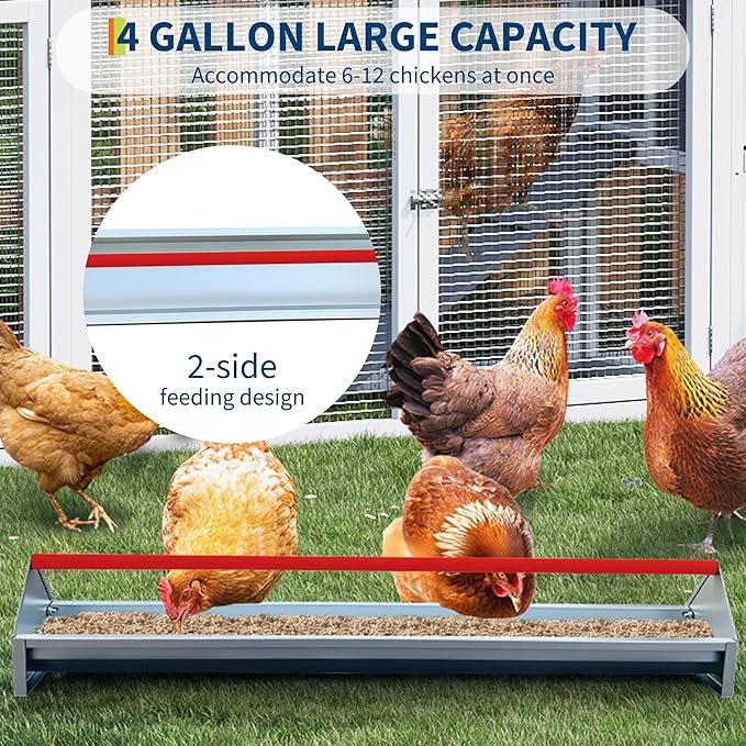 GarveeLife Large Chicken Feeder Trough 45" Long, Heavy Duty Galvanized Steel Metal Feeder for Chicken, Duck with Drainage Holes & Crossbar, Poultry Feeding Trough Red