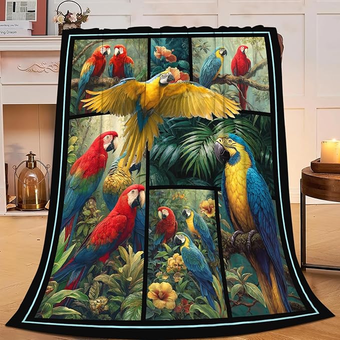 Parrot Blanket Gifts for Girls Women Boys Tropical Birds Throw Blankets Cozy Plush Fleece Botanical Flannel Fuzzy for Couch Decor 80"X60"