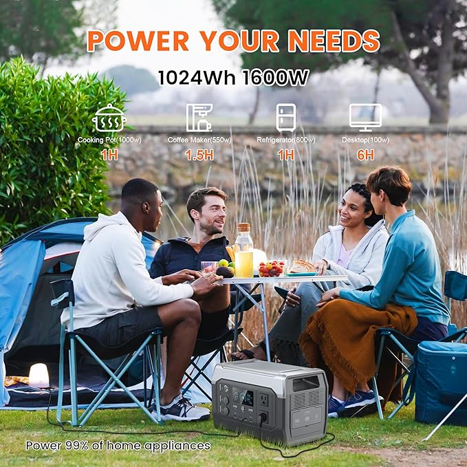 Portable Power Station,1024Wh LiFePO4 Battery, 1600W AC Outlets (2600W Surge),Solar Generator for Outdoor Camping Outages RV Travel Home Backup Power(Solar Panel Optional)