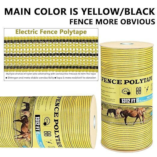 Electric Fence PolyTape Horse Fencing Tape 1312 Feet 400m, High Visibility 0.8 Inch 20mm Width, 6 Strong Stainless Steel Conductors, Yellow and Black, Equine Horse Livestock Electric Fencing
