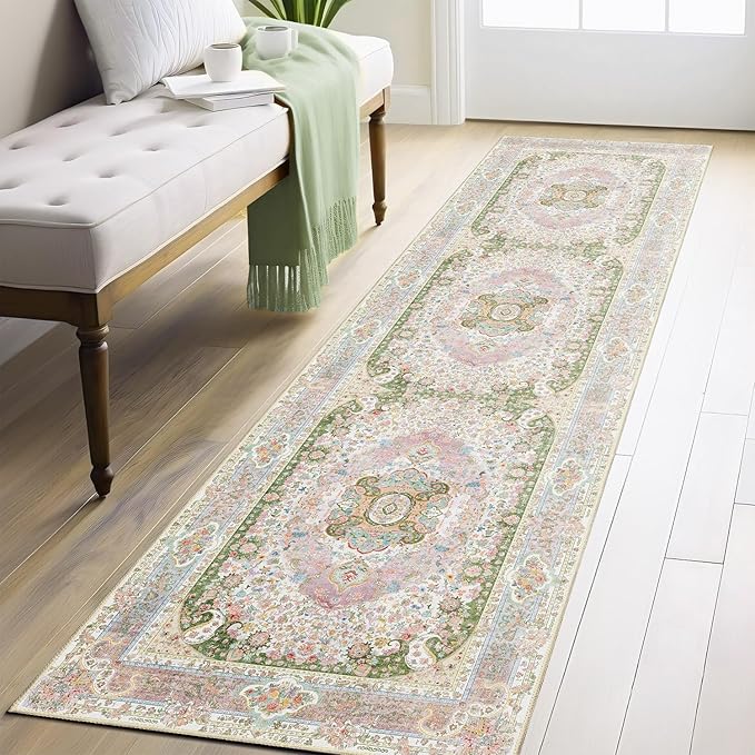 Washable Runner Rug 2x8,Pink Rug Runners Non Slip,Long Boho Rugs for Hallways Kitchen Bedroom Entryway Living Room Bathroom,Vintage Bohemian Distressed Floor Carpet,Blush Green