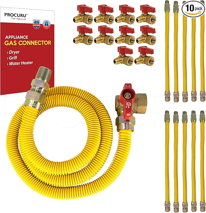 [10-Pack] PROCURU Wholesale 1/2" OD x 60" (5Ft) x 1/2"MIP x 1/2" Angle Valve, Flexible Gas Connector, Yellow-Coated Stainless Steel Tubing for Dryer, Grill, Water Heater (Red-6G1260-AV-10P)