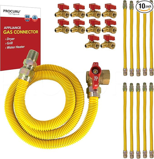 [10-Pack] PROCURU Wholesale 1/2" OD x 60" (5Ft) x 1/2"MIP x 1/2" Angle Valve, Flexible Gas Connector, Yellow-Coated Stainless Steel Tubing for Dryer, Grill, Water Heater (Red-6G1260-AV-10P)