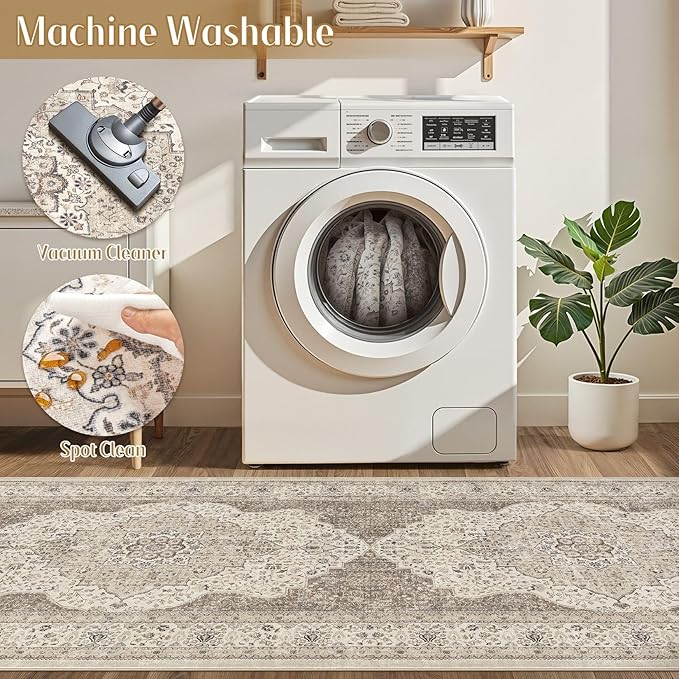 Washable 3x14 Hallway Runner Rug - Vintage Floral Stain & Fade Resistant Non-Slip Backing Ultra-Thin Long Carpet for Entryway, Bedroom, Kitchen, Corridor Decor (Brown/Beige)