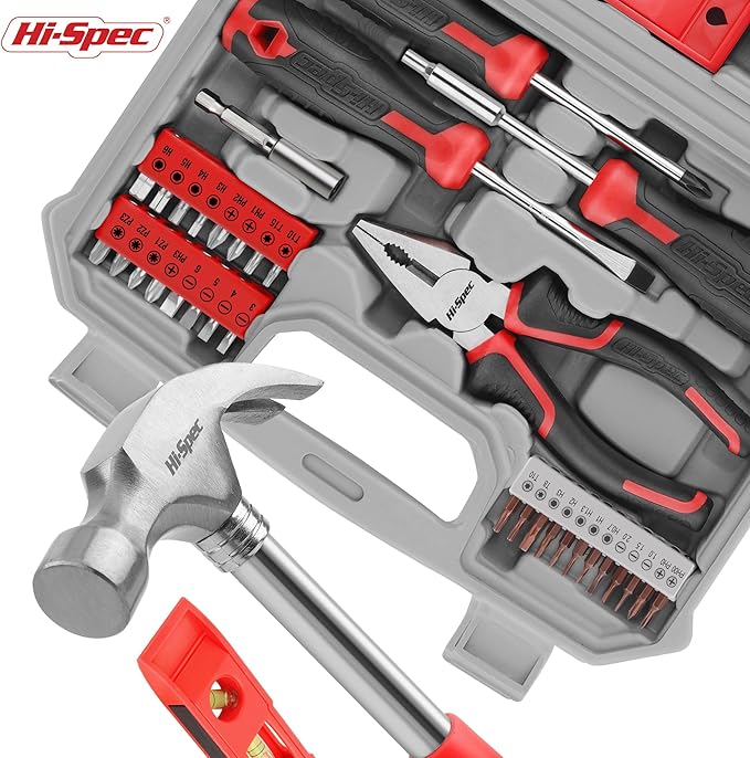 Hi-Spec 38pc Red Household DIY Small Tool Kit. Toolbox Set of Starter Basic Tools Kit for Home & Office
