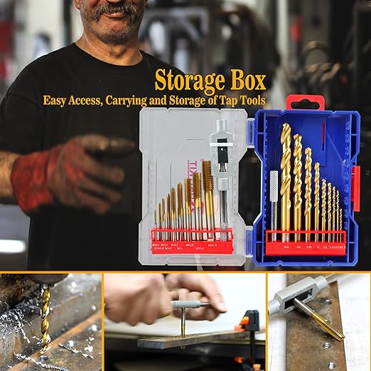 18Pcs Metric Drill and Tap Set with 1Pc Tap Wrench, M2 HSS Thread Tap Set from M2 to M12, Combination of Drill and Tap Set for Metal,with Exquisite Indexed Box