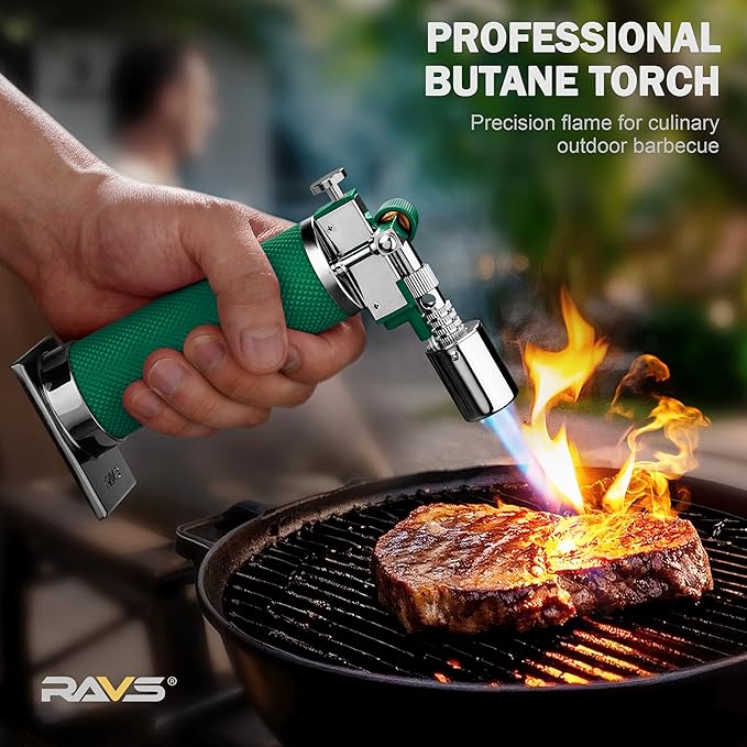 RAVS Butane Torch Lighter, Creme Brulee Torch with Adjustable Flame, Cooking Torch for Baking, BBQ, DIY, Christmas Gifts Stocking Stuffers Gifts for Women, Green, Butane Gas Not Included