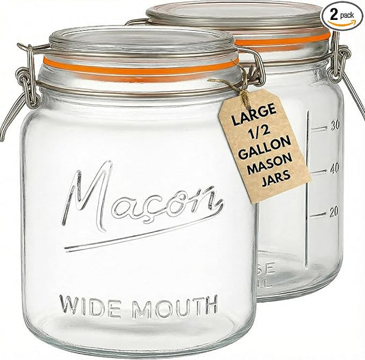 kitchentoolz 64 oz Mason Jars Wide Mouth with Airtight Lids – Set of 2 Half Gallon Glass Jar with Lid – Large Mason Jars with Lids for Kitchen Pantry, Storage, and Canning