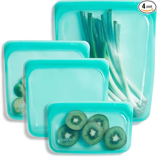 Stasher Silicone Reusable Storage Bag, 4-Pack, Reusable Freezer Bags, Microwave, Dishwasher, Oven Safe, Sous Vide, Premium Lunch Containers, Eco Friendly, Food Storage Bags, Snack Bags, Aqua