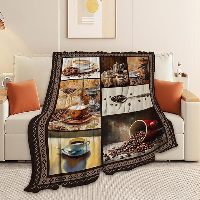 Coffee Blanket, Coffee Throw Blanket, Cup Cafe Gifts Blankets Stuff Fleece Flannel Plush for Girls Women Men Boys Lovers Adults Soft Bedding Gift for Sofa Bed Office Home Decor 80"x60"