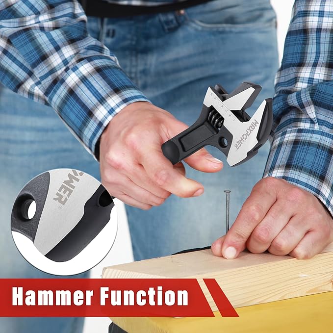 MAXPOWER 16-inch Adjustable Construction Spud Wrench, 4 in 1 Multifunctional Use for Spud Wrench, Adjustable Wrench and Hammer, Max Jaw Capacity Ups to 1.57"