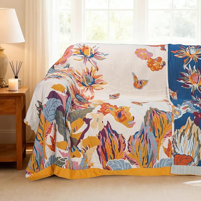 MACEVIA 100% Cotton Boho Throw Blanket, Soft Lightweight Butterfly Floral Design, 80"x90" Large Bedspread for Queen Bed, Couch Sofa, Cottagecore Decor(Butterfly Floral)
