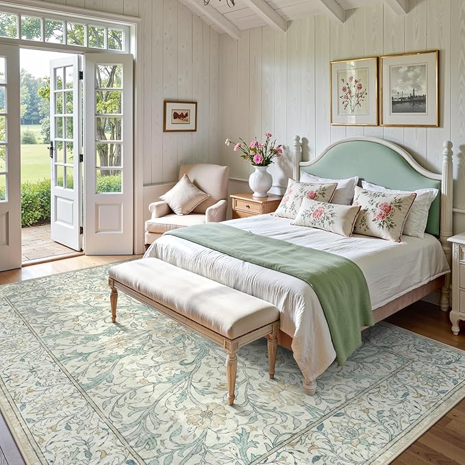 Collive 8x10 Area Rugs for Living Room, Washable Neutral Hand-Painted Floral Bedroom Rug, Vintage Distressed Non Slip Low Pile Large Carpet, Soft Retro Dining Room Office Rug, Ivory/Light Turquoise