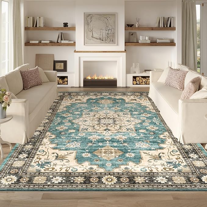 Area Rug 5x7 Living Room Rugs,Machine Washable Rug,Stain Resistant Soft Thin Floral Carpet,Green Boho Vintage Home Decor,Indoor Non-Slip Rugs,for Bedroom,Office,Farmhouse,Dining