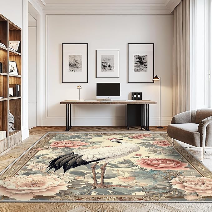 8x10 Crane Area Rugs Boho Japanese Crane Floral Rug for Living Room Indoor Soft Non-Slip Thin Large Carpet Beige Rugs for Bedroom Home Decor Under Table Washable Machine