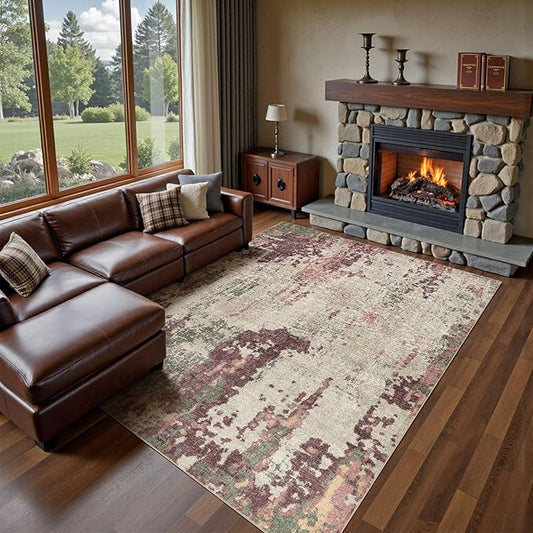 9x12 Area Rug Living Room Rugs - Washable Neutral Modern Abstract Soft Thin Rug Indoor Floor No Slip Rug Carpet for Bedroom Under Dining Table Home Office Decor - Purple/Green/Beige