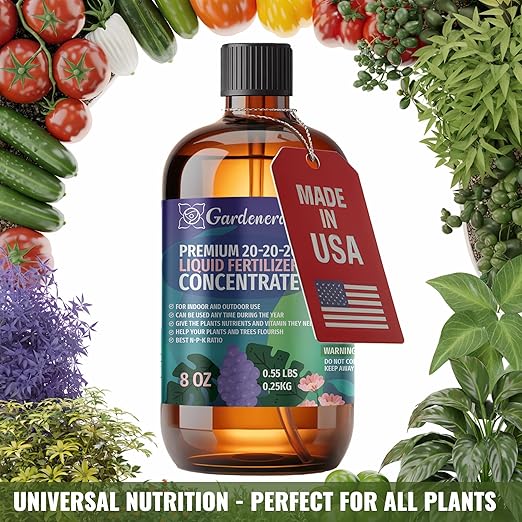Gardenera Premium All-Purpose 20-20-20 Liquid Fertlizer - 𝐂𝐎𝐍𝐂𝐄𝐍𝐓𝐑𝐀𝐓𝐄 - Increases Flowering and Yield on All Varieties of Fruits, Vegetables and Flowers| Liquid Plant Superfood (8 OZ)