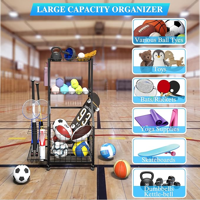 Sports Equipment Garage Organizer,Garage Ball Storage Rack for Sports with Wheels-Upgraded 3 Layers Sports Organizer Rack Outdoor Basketball Racks for Balls with Holder and Hooks