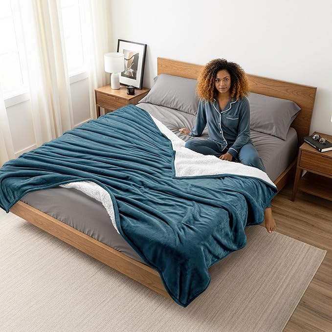 Utopia Bedding Sherpa Blanket Queen Size (Stone Blue, 90x90 Inches) - Soft Lightweight Plush Fleece Reversible Blanket for Bed, Sofa, Couch, Camping and Travel