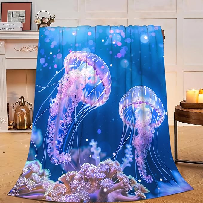 Jellyfish Blanket Ocean Jellyfish Throw Blanket Soft Warm Cozy Fuzzy Plush Gifts for Girls Women Lightweight Fleece Flannel Stuff Decor Gift for Kids Adults 80"X60"