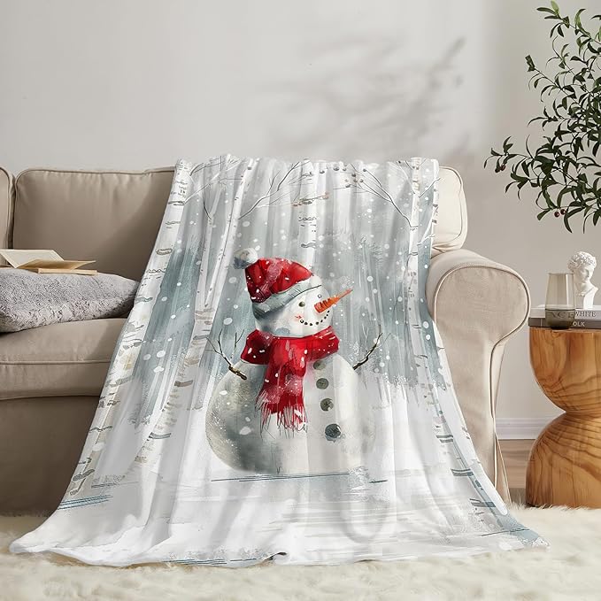 Snowman Blanket Ultra Soft Cozy Birch Tree Snowman Throw Blanket Fleece Fuzzy Plush Winter Christmas Blanket Decor Gifts for Women Girls Adults Couch Sofa 60"x50"