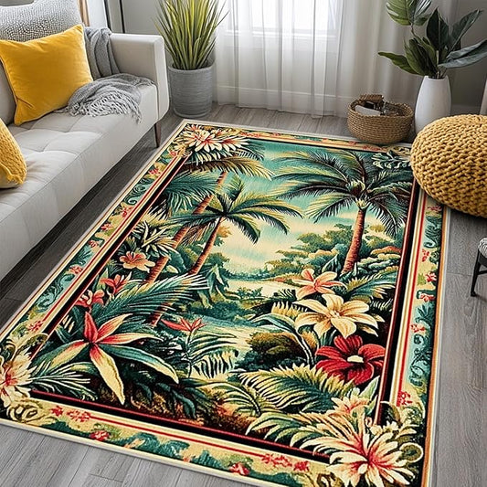 5x7 Tropical Rainforest Area Rugs Boho Forest Botanical Rug for Living Room Indoor Soft Non-Slip Thin Large Carpet Green Rugs for Bedroom Home Decor Under Table Washable Machine
