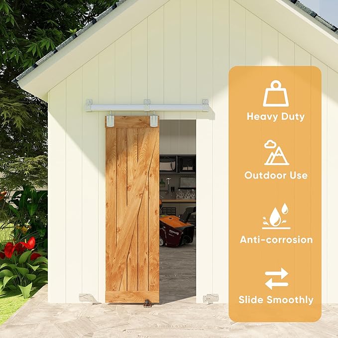 JUBEST 4FT Box Rail Exterior Barn Door Hardware Kit, Heavy-Duty Silver Sliding Barn Door Track System, Wall Mount Door Hardware Kits (Door Not Included)