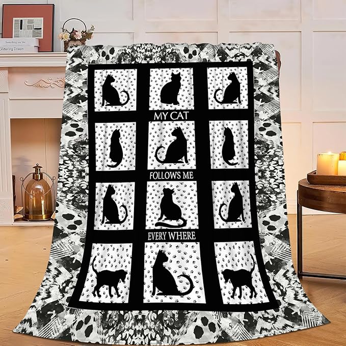 Black Cat Blanket Cat Paw Decor Throw Blanket Super Warm Soft Plush Lightweight Fleece Flannel Black and White Blanket Gifts for Girls Baby Kids Women Boys for Winter Couch Bedding 60"X80"