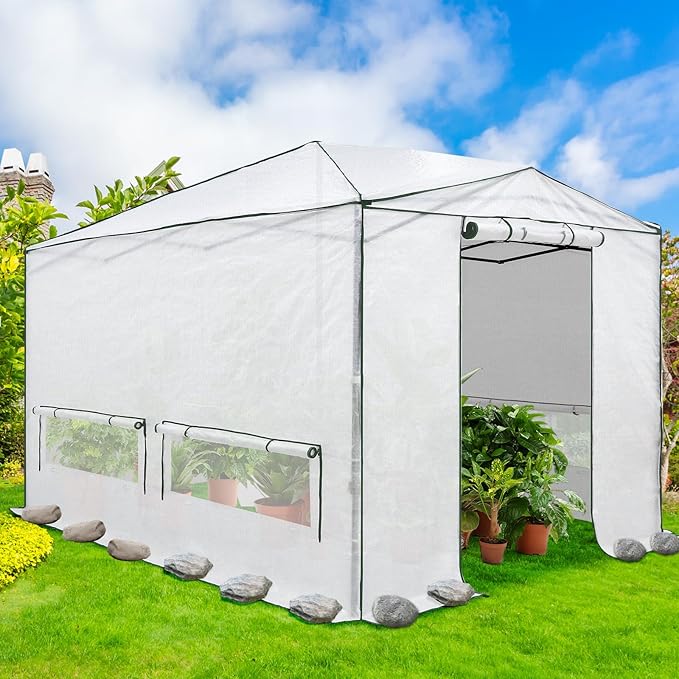 EAGLE PEAK Instant Pop-up Greenhouse, Indoor Outdoor Plant Gardening Green House, Roll-Up Zipper Doors and Side Windows & Winter Support Pole, Heavy Duty Walk in 12x8 ft, Woven PE Cover, White