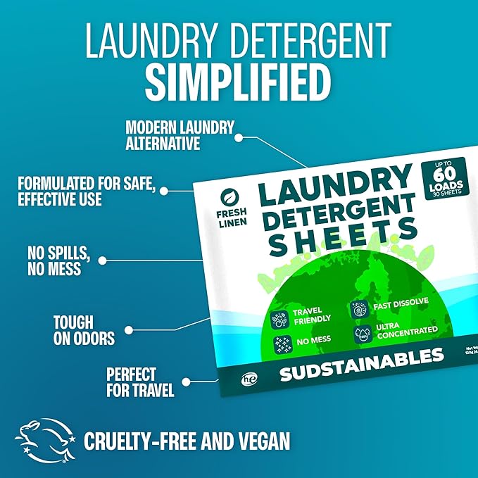 Sudstainables Laundry Detergent Sheets 60 Loads – Dissolvable Laundry Sheet for Washing Machines, Compact Alternative to Liquid & Powder Detergent, Travel-Friendly Soap | Fresh Linen