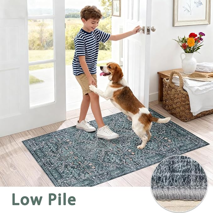 Retro Green Runners for Hallways,2x6 Washable Kitchen Runner Rug，Vintage Soft Low Pile Long Carpet for Kids Room Non-Slip Stain Resistant Runner for Bathroom Hall Kitchen Office Stair