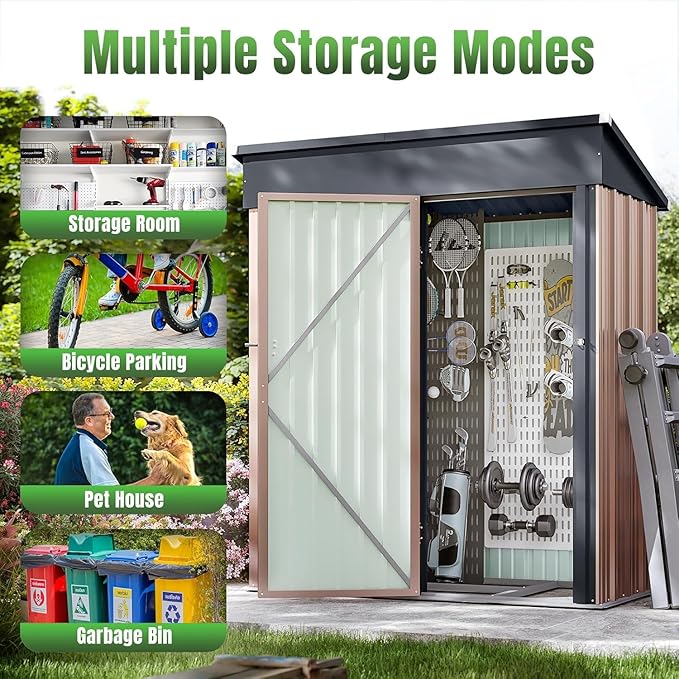 Aoxun 5'x3' Outdoor Metal Storage Shed with Lockable Door- Ideal for Tools, Garden Equipment & Bikes, Perfect for Patio Placement(Brown)
