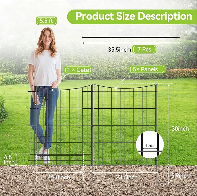 INJOPEXI Garden Fence 6 Panels 11.8ft(L)×30in(H) Decorative Garden Fences Outdoor with 5 Panels + 1 Gate, Rustproof Metal Wire No Dig Temporary Animal Barrier Fencing Border Dog Fence for Yard Patio