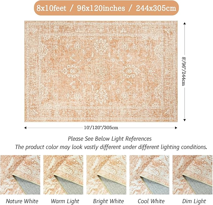 Madane 8x10 Area Rugs for Living Room, Machine Washable Vintage Rug with Non-Slip Backing, Soft Floral Print Large Throw Rugs, Thin Carpet for Bedroom Dining Room Farmhouse (8 x 10, Jasper Orange)