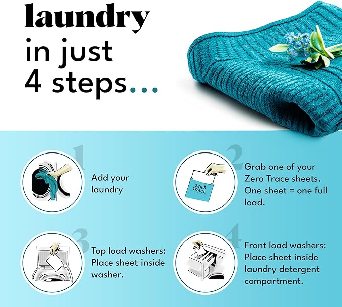 Zero Trace All Natural Laundry Detergent Fragrance Free Sheets - Eco Friendly & Unscented Laundry Detergent (144 Loads 72 Sheets)