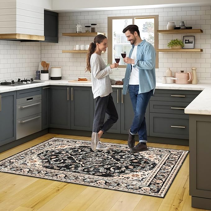 Vhong Washable Area Rugs Boho Vintage Modern Neutral Small Carpet Black and Brown 4×6 High Traffic Rugs for Dinning Room Living Room Bedroom Non Slip