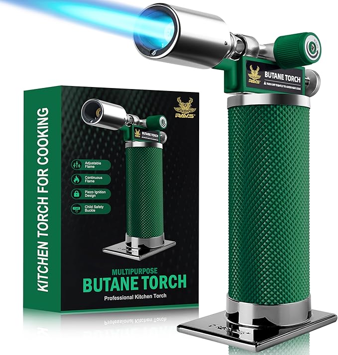 RAVS Butane Torch Lighter, Creme Brulee Torch with Adjustable Flame, Cooking Torch for Baking, BBQ, DIY, Christmas Gifts Stocking Stuffers Gifts for Women, Green, Butane Gas Not Included