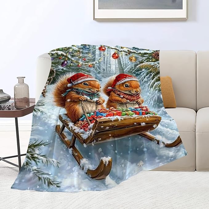 Christmas Squirrel Blanket Cute Animal Throw Blankets Gifts for Girls Boys Kids Squirrel Lover Soft Cozy Fleece Plush for Couch Sofa Bed 50"x40"