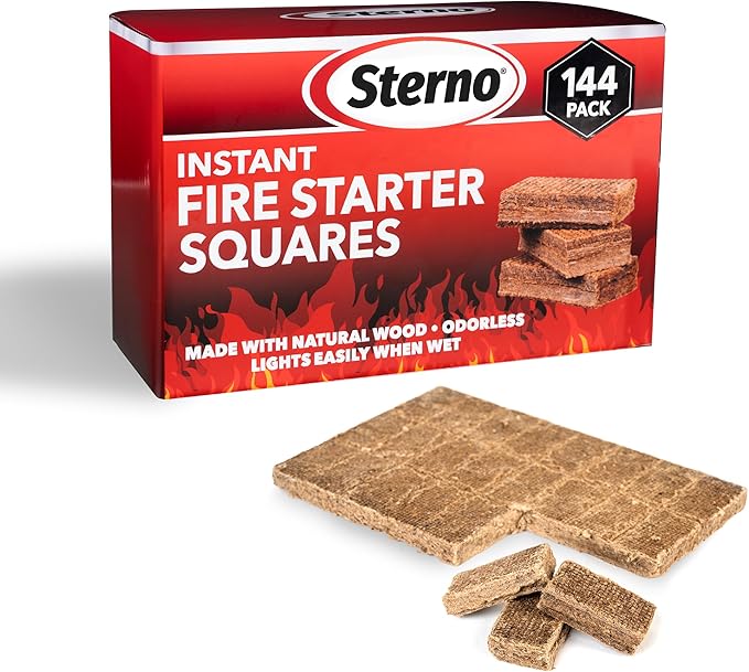 Sterno Instant Fire Starter Squares, 144 Count — Made with Natural Wood, Odorless, Lights Instantly Even When Wet, Indoor/Outdoor