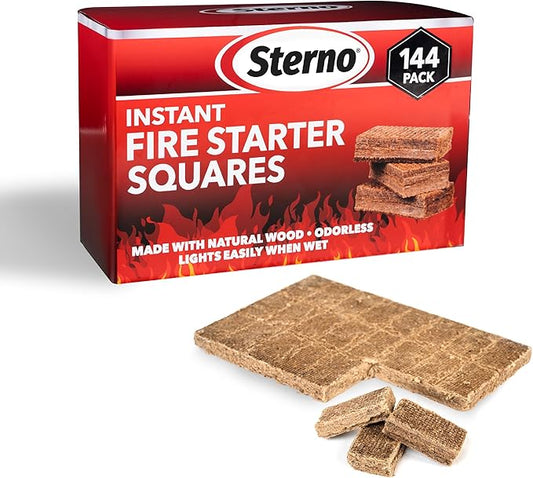 Sterno Instant Fire Starter Squares, 144 Count — Made with Natural Wood, Odorless, Lights Instantly Even When Wet, Indoor/Outdoor