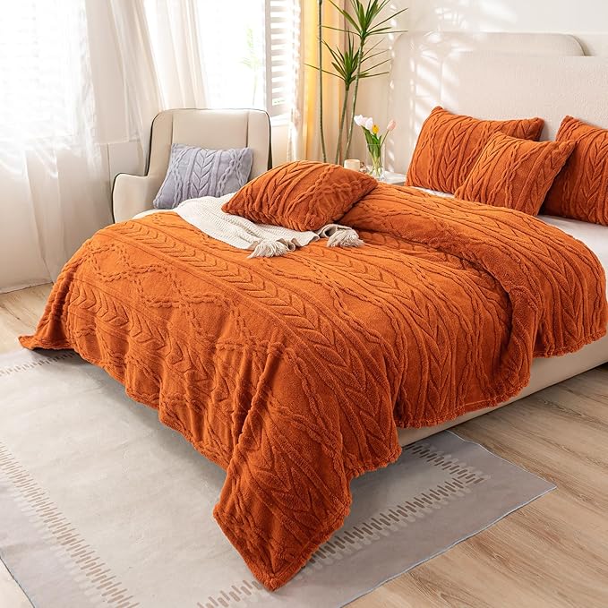 YUSOKI Sherpa Queen Size Blanket(Without Pillows)-3D Stylish Design Super Soft Blanket for Teen Girls Women Couch Bed Sofa Chair Gift(Burnt Orange,90"x90")