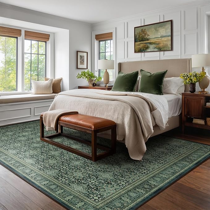Washable Rugs 8x10 Dark Green, Floral Moroccan Pattern Printed Vintage Boho Styler for Living Room Bedroom, Non Slip Low Pile Thin Carpet Rug for Dining Room Guest Room Office