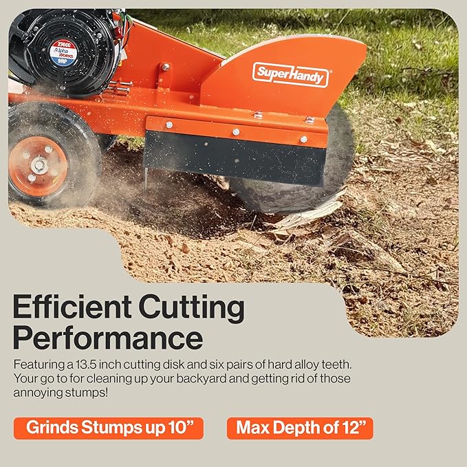 SuperHandy Gas-Powered Stump Grinder with 9HP Engine, Direct Belt Drive, 12-Inch Cutting Depth, 6 Durable Carbide Teeth – Compact and Lightweight
