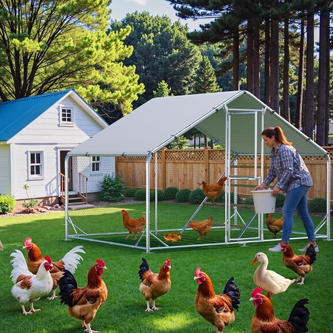 Large Metal Chicken Coop,Chicken Run for Yard with Feeding Door,Walk-in Chicken Pen,Outdoor Poultry Cage with Anti-UV Cover,Duck Rabbit House